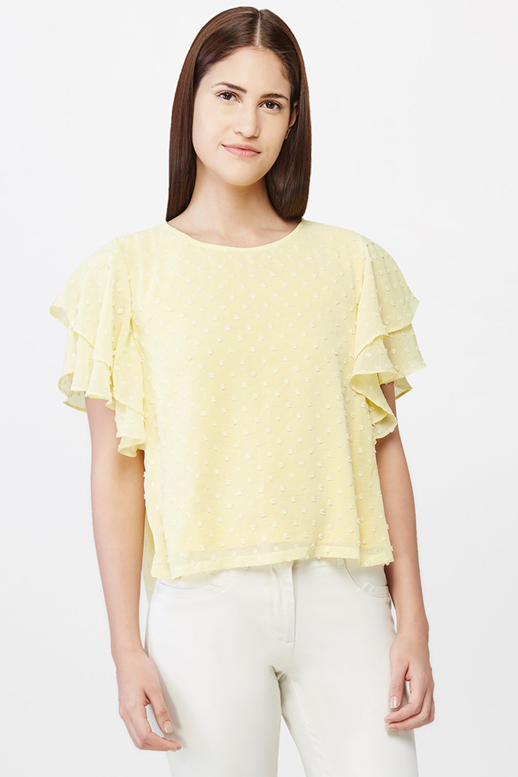 Yellow Swiss Dotted Ruffle Sleeve Top