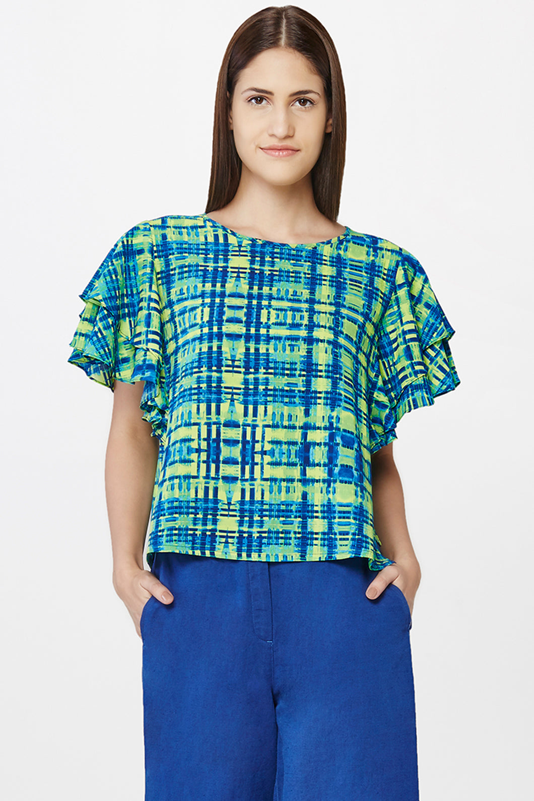 Abstract Print Ruffle Sleeves Top