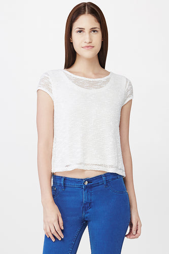 Cream Mesh Crop Top With Open Back