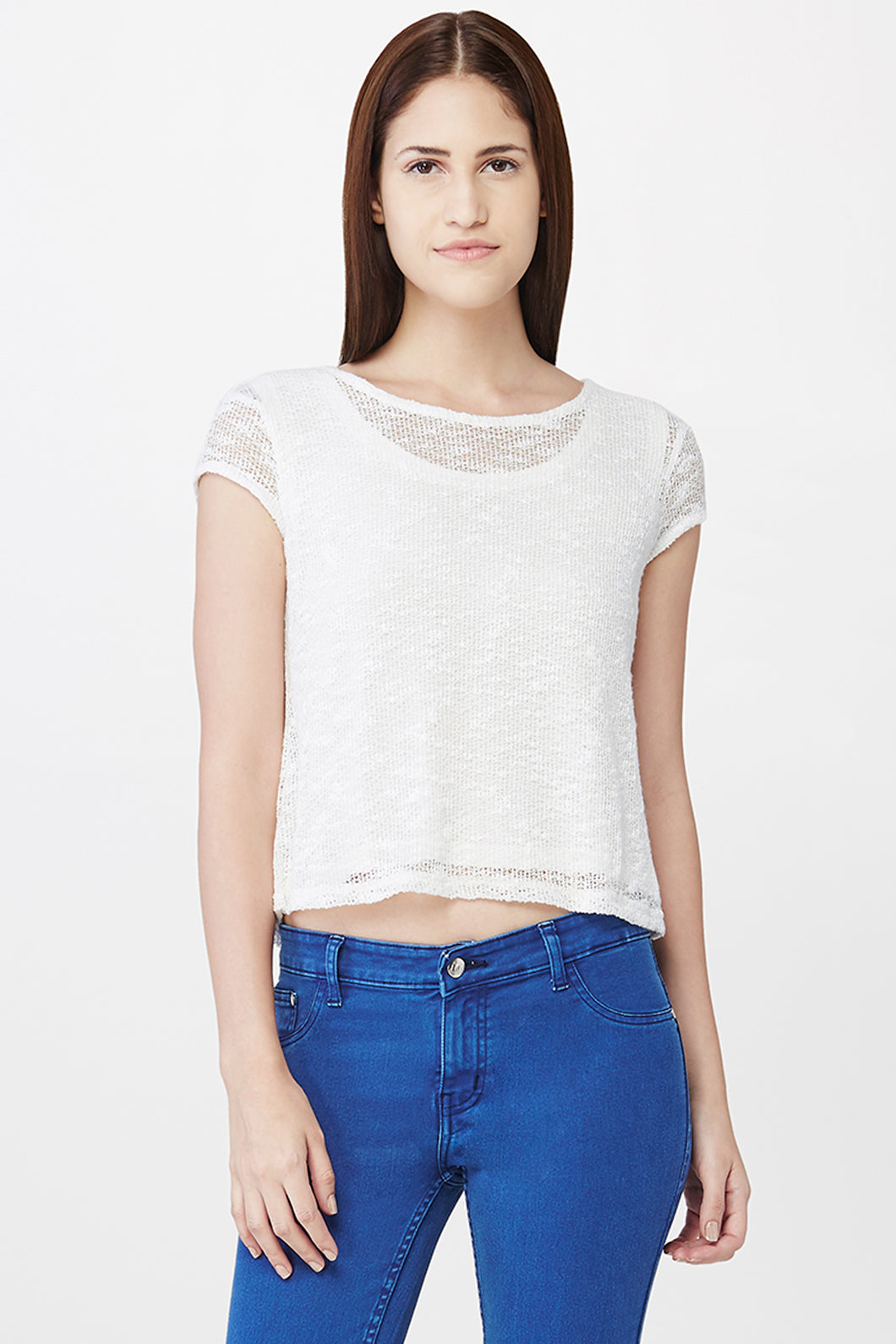 Cream Mesh Crop Top With Open Back