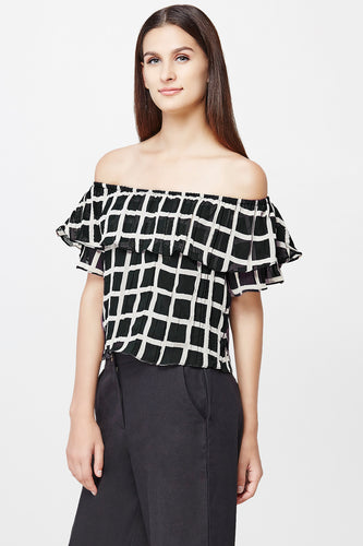 Black Checked Off-shoulder Crop Top