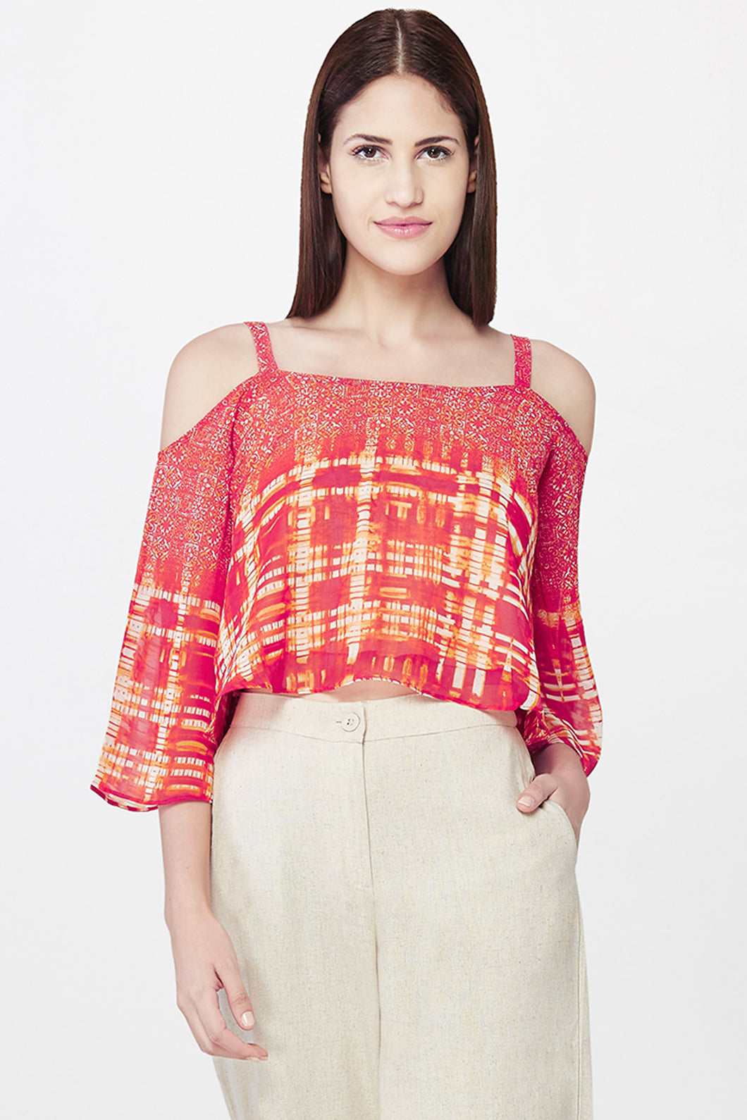 Linear Red Abstract Print Cold Shoulder Top