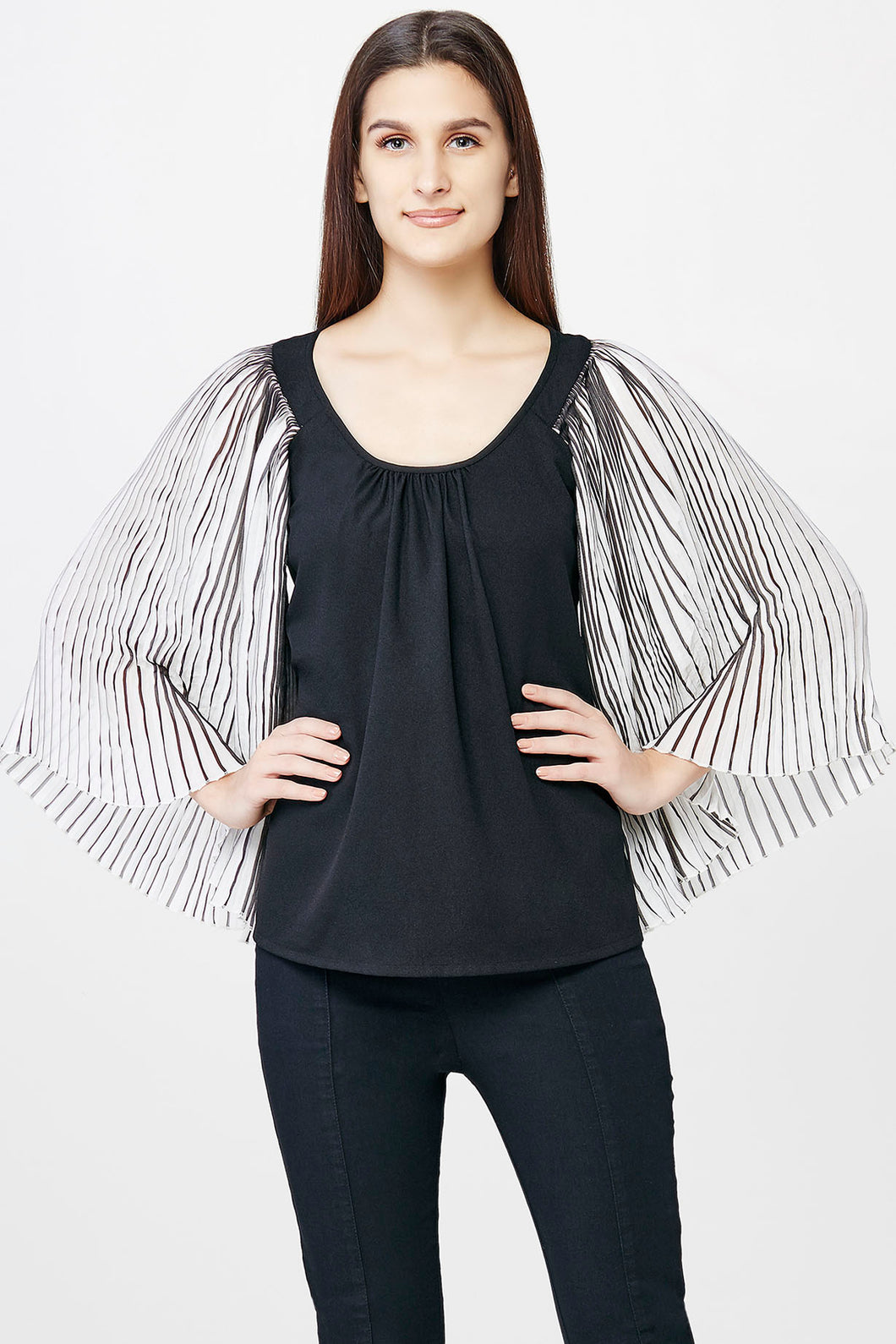 Black Pleated Sleeves Top