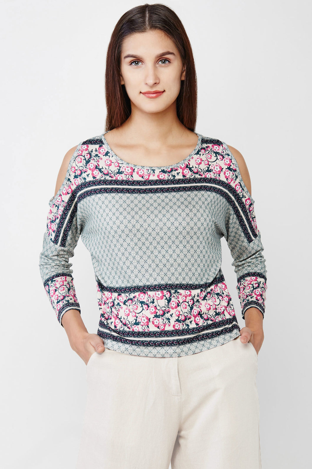 Floral Moroccan Print Cold-shoulder Top