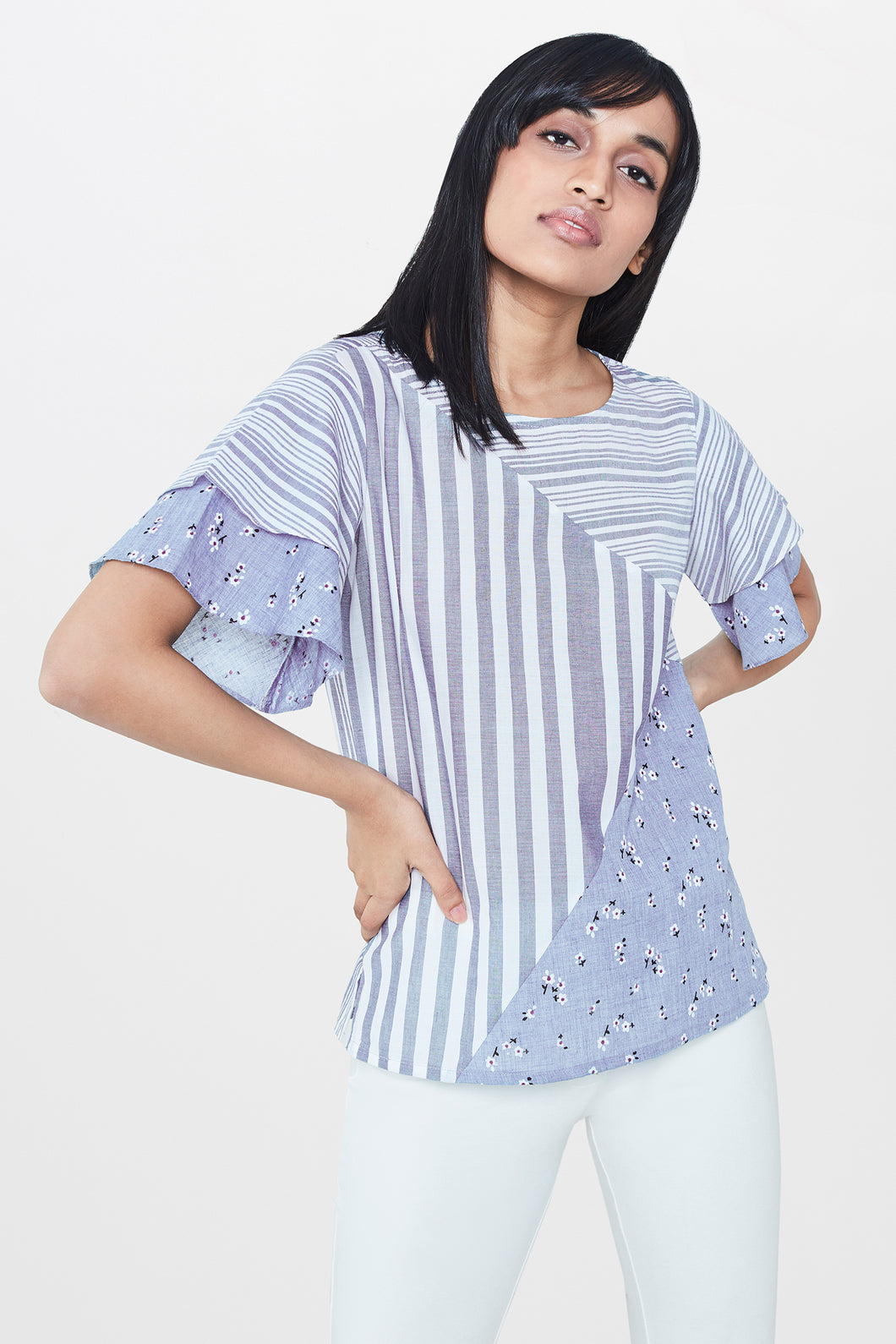 Grey and White Patch Print Top