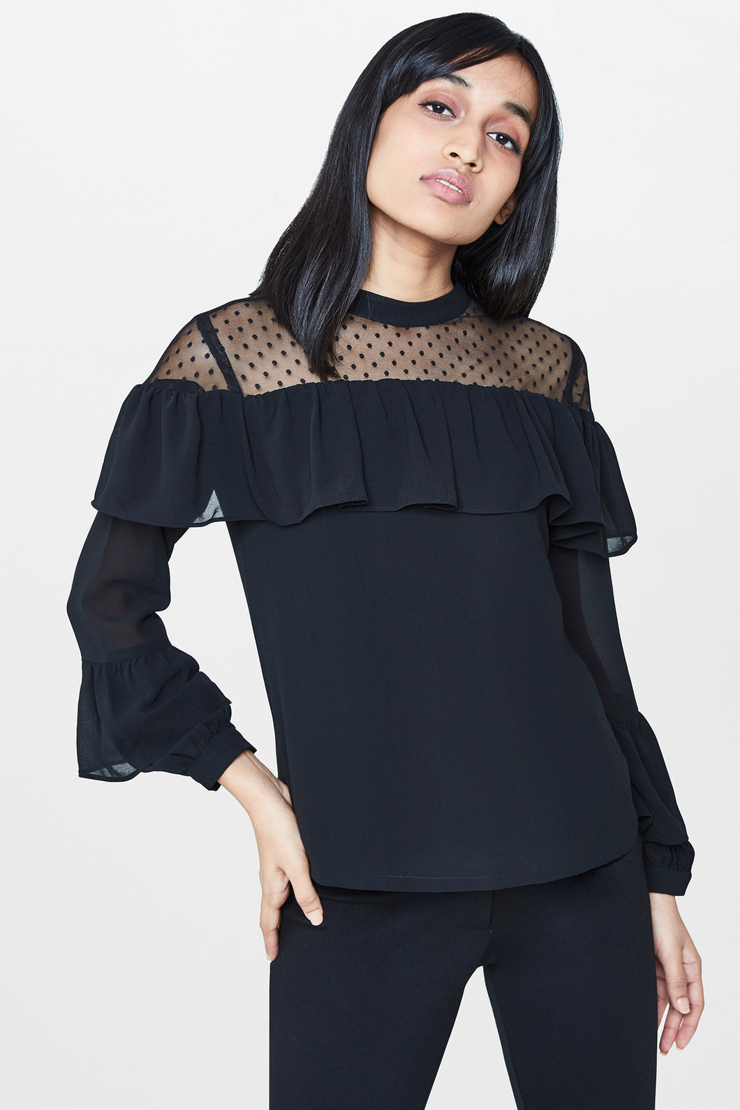 Black Ruffle Full Sleeve Top