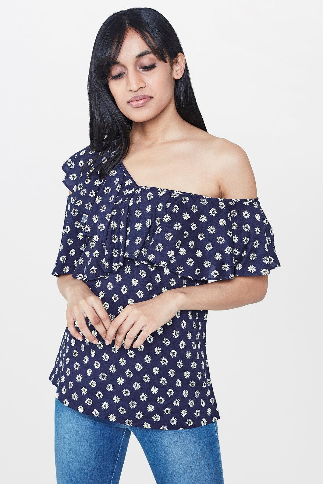 Navy Floral Ruffle Top