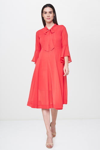 Dark Coral Flounce Sleeves Dress