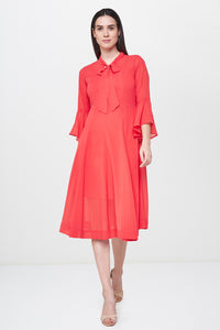 Dark Coral Flounce Sleeves Dress