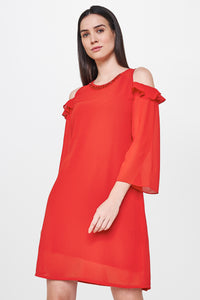 Dark Red Cold Shoulder Shift Dress