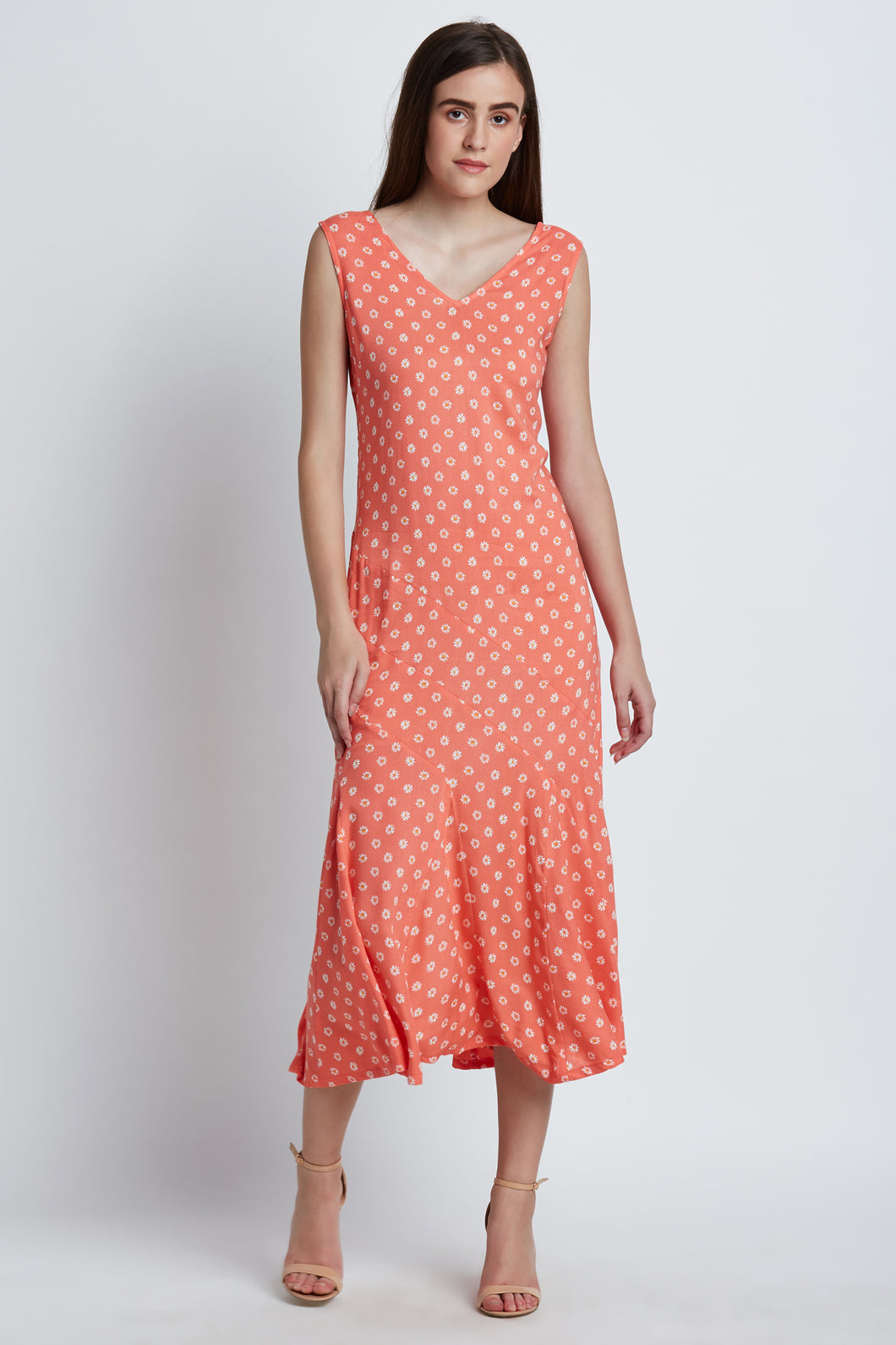 Coral Floral Print Midi Dress