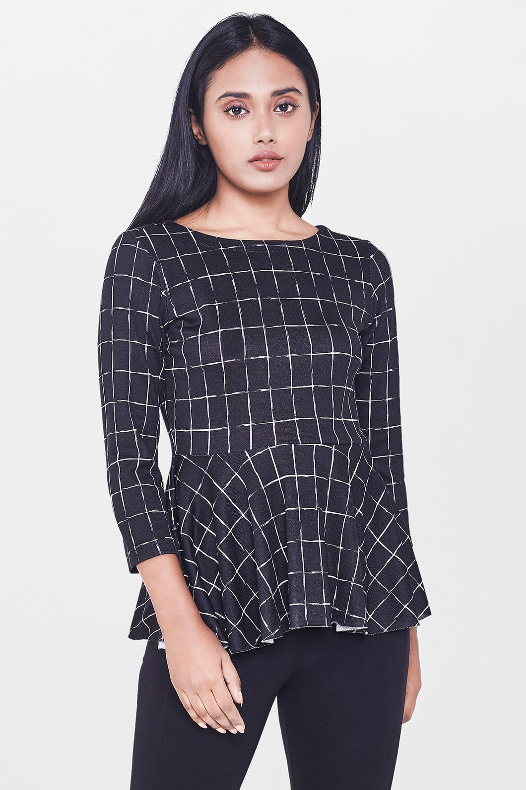 White and Black Grid Peplum Top