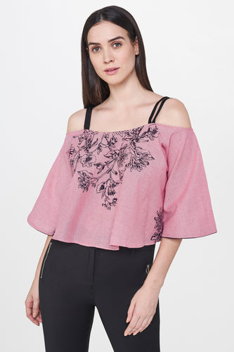 Pink Embroidered Cold Shoulder Top