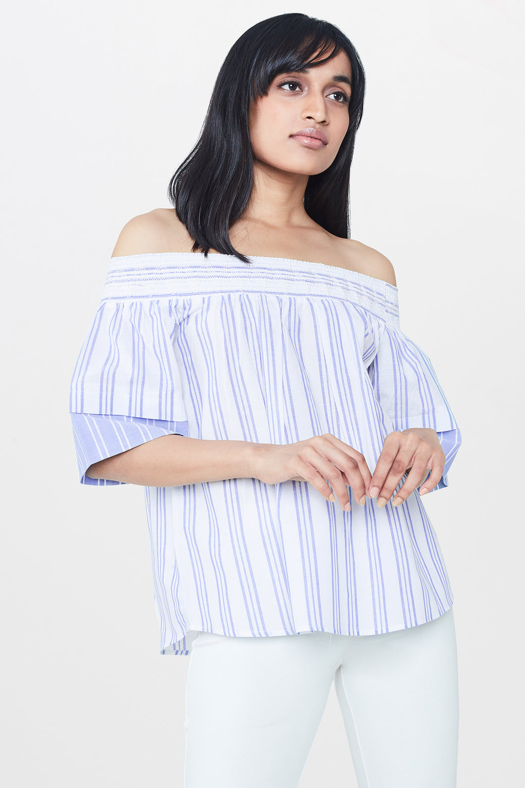 Light Blue Stripes Off Shoulder Top