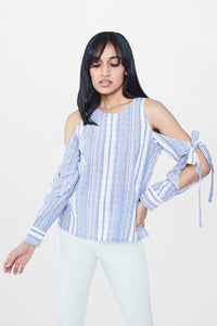 Blue Stripes Slit Sleeves Top