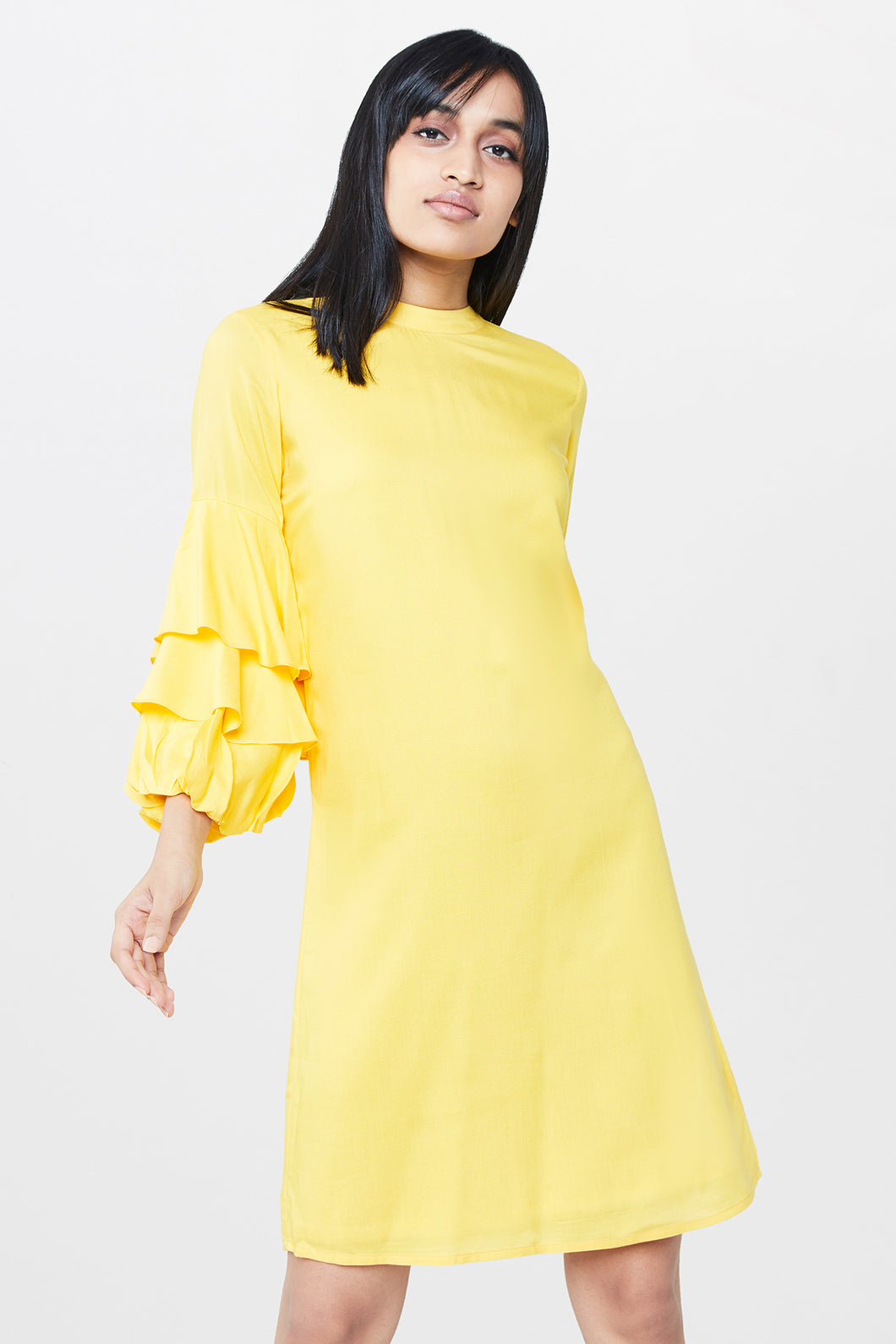 Yellow Ruffle Sleeves Shift Dress