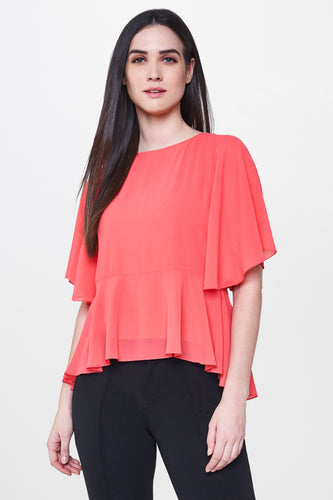 Coral Flared Sleeves Peplum Top