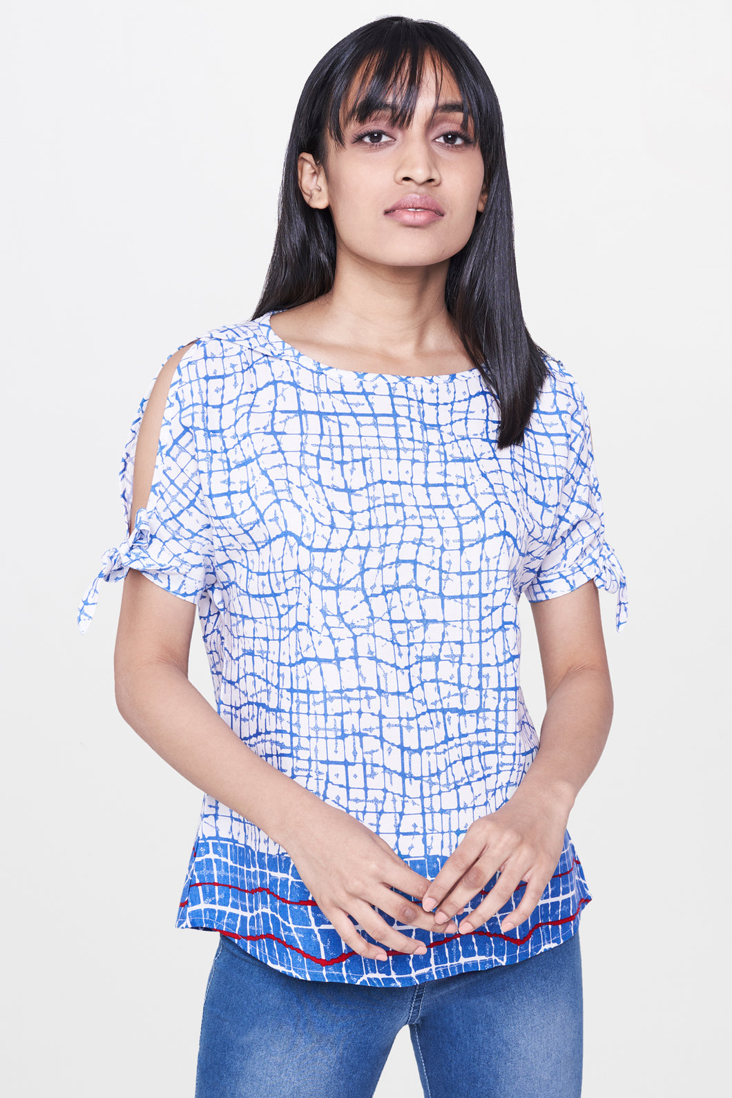 Abstract Printed Cut-Out Sleeves Top