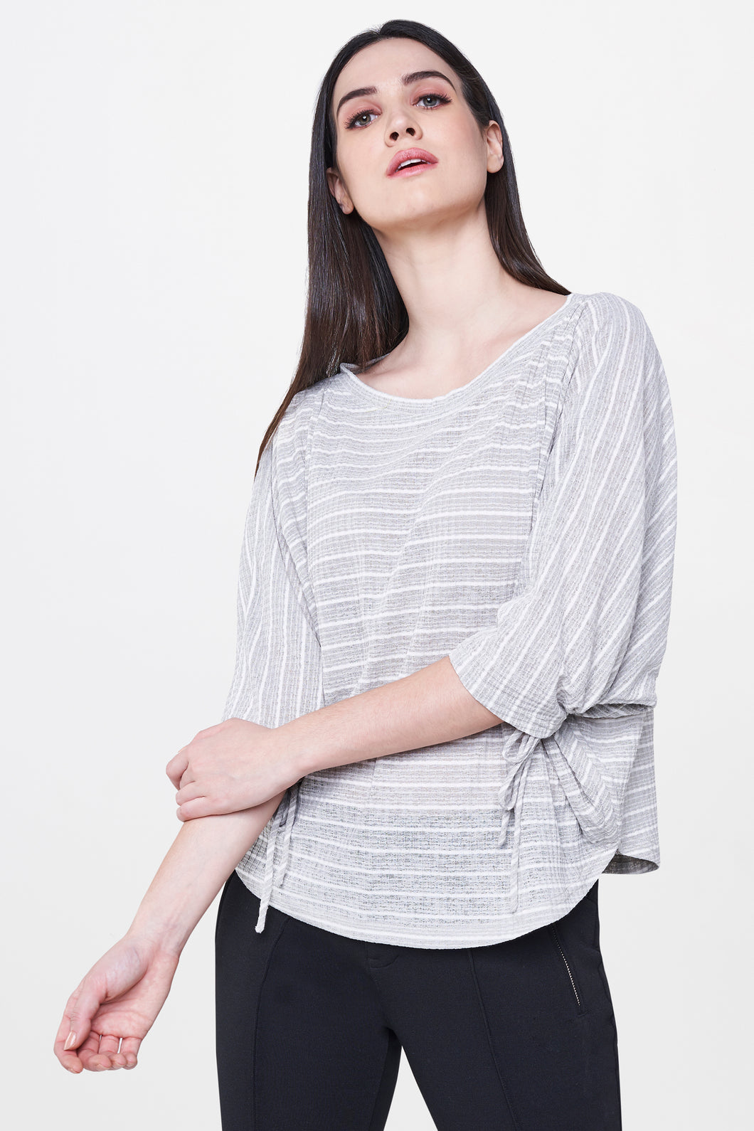 White & Blue Batwing Sleeves Top