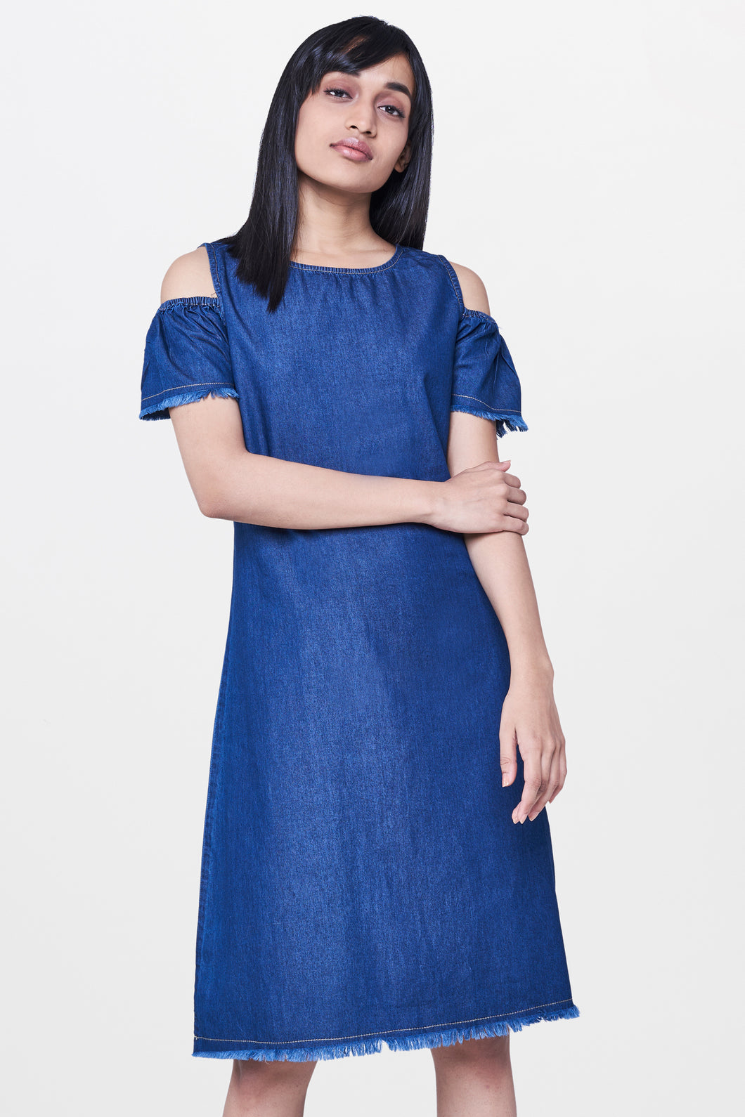 Cold Shoulder Raw Edge Denim Dress