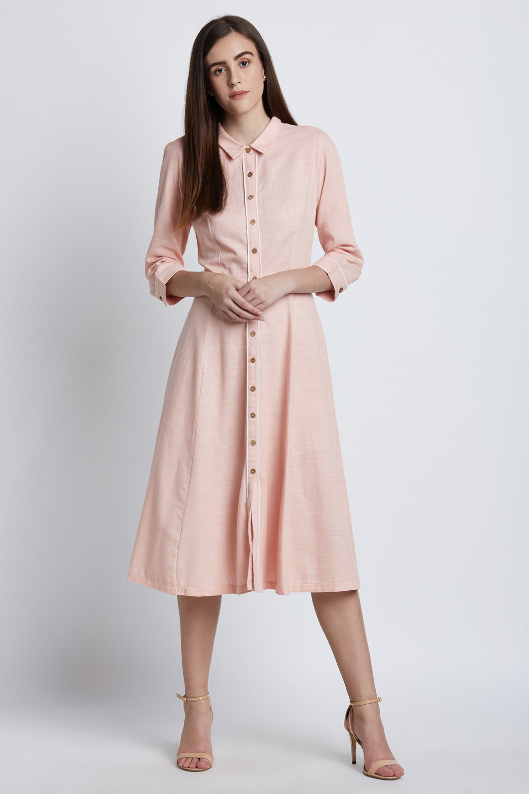 Coral Pink Front Button Midi Dress