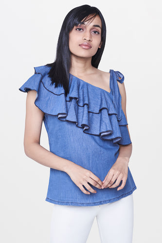 Ruffled Cold Shoulder Denim Top