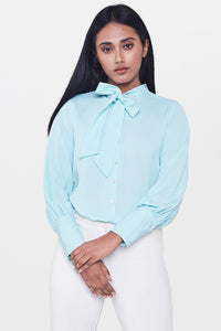Mint Pussy Bow Button Down Shirt
