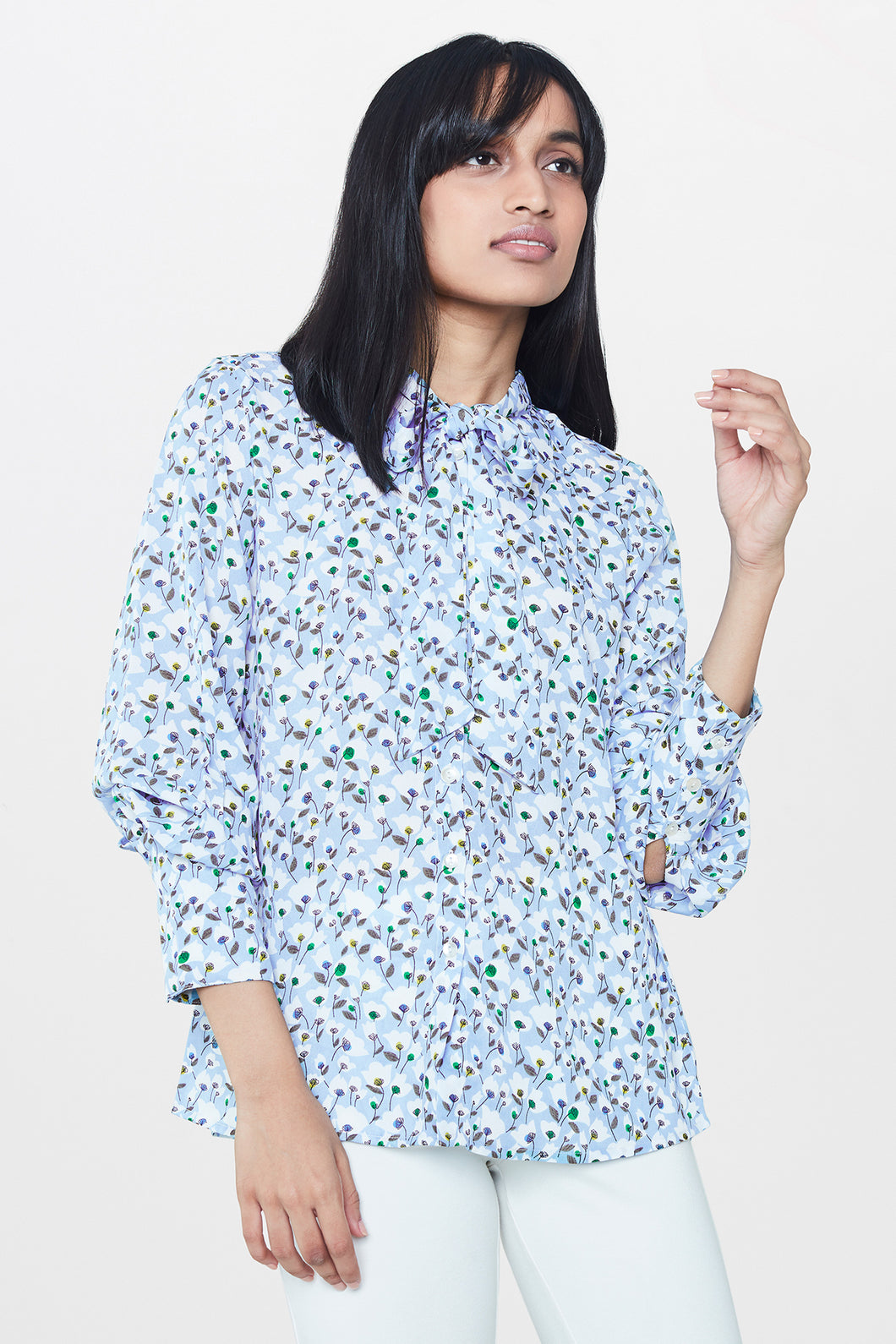 White and Blue Floral Pussy-Bow Top