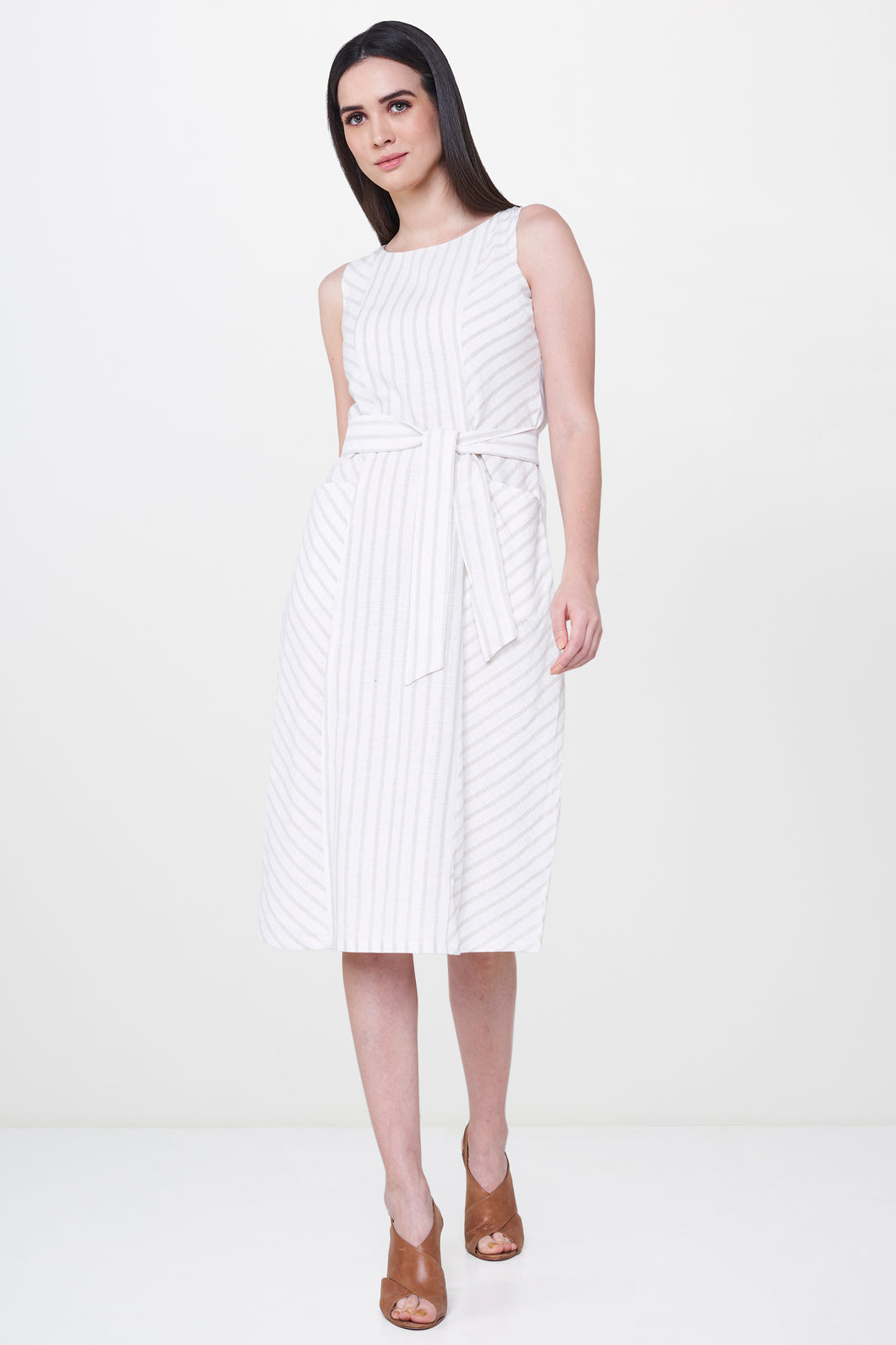 Off White Stripes Dress With Front Tie-Up Belt