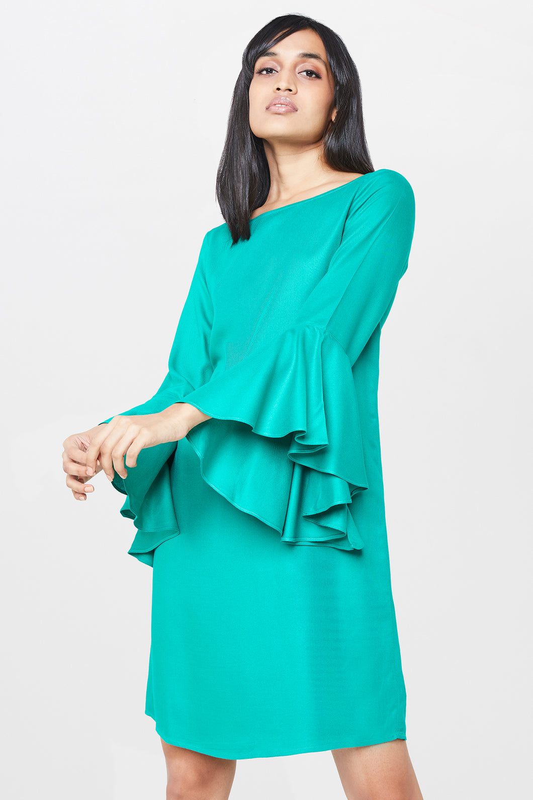 Green Ruffle Sleeve Shift Dress