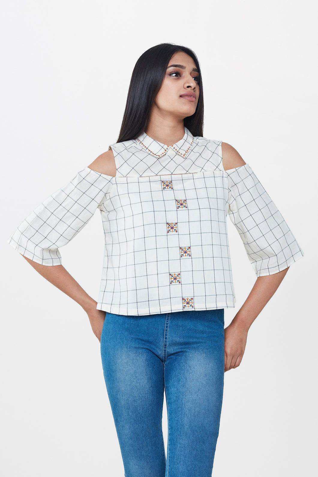 Cream Grid Cold Shoulder Crop Top