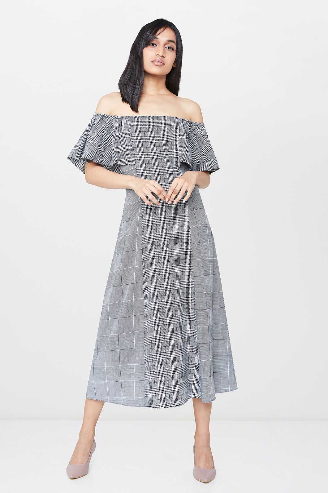 Houndstooth Off Shoulder Midi Dress