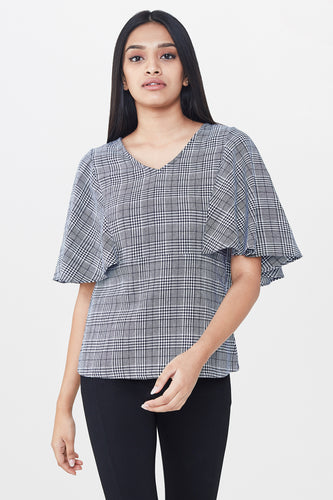 Grey Checkered Flounce Top