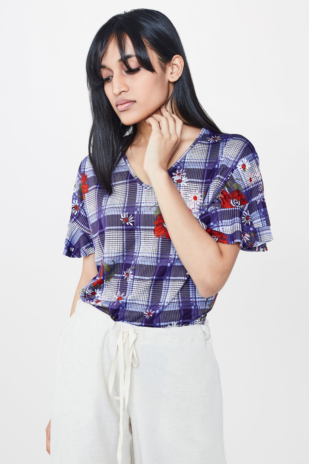 Blue Checks and Floral Crop Top