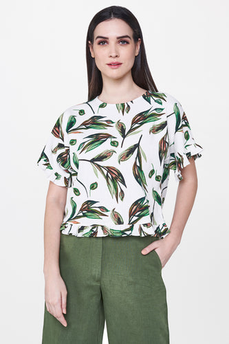 White Ruffle Print Top