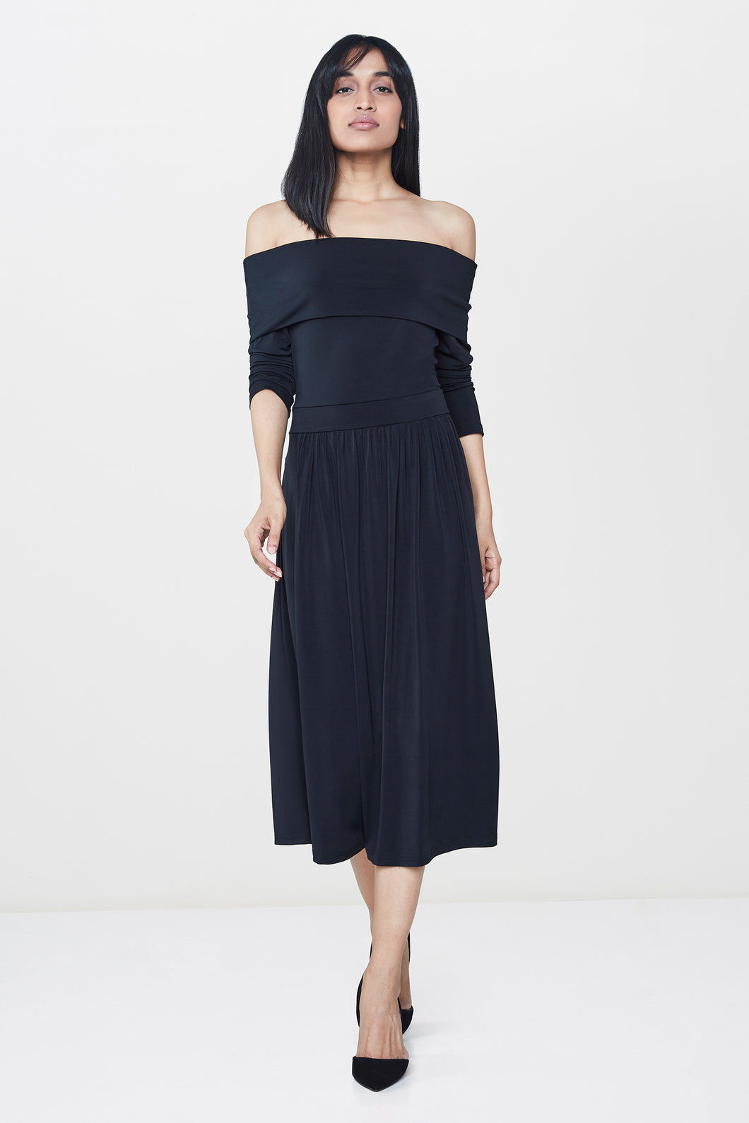 Black Off Shoulder Midi Dress