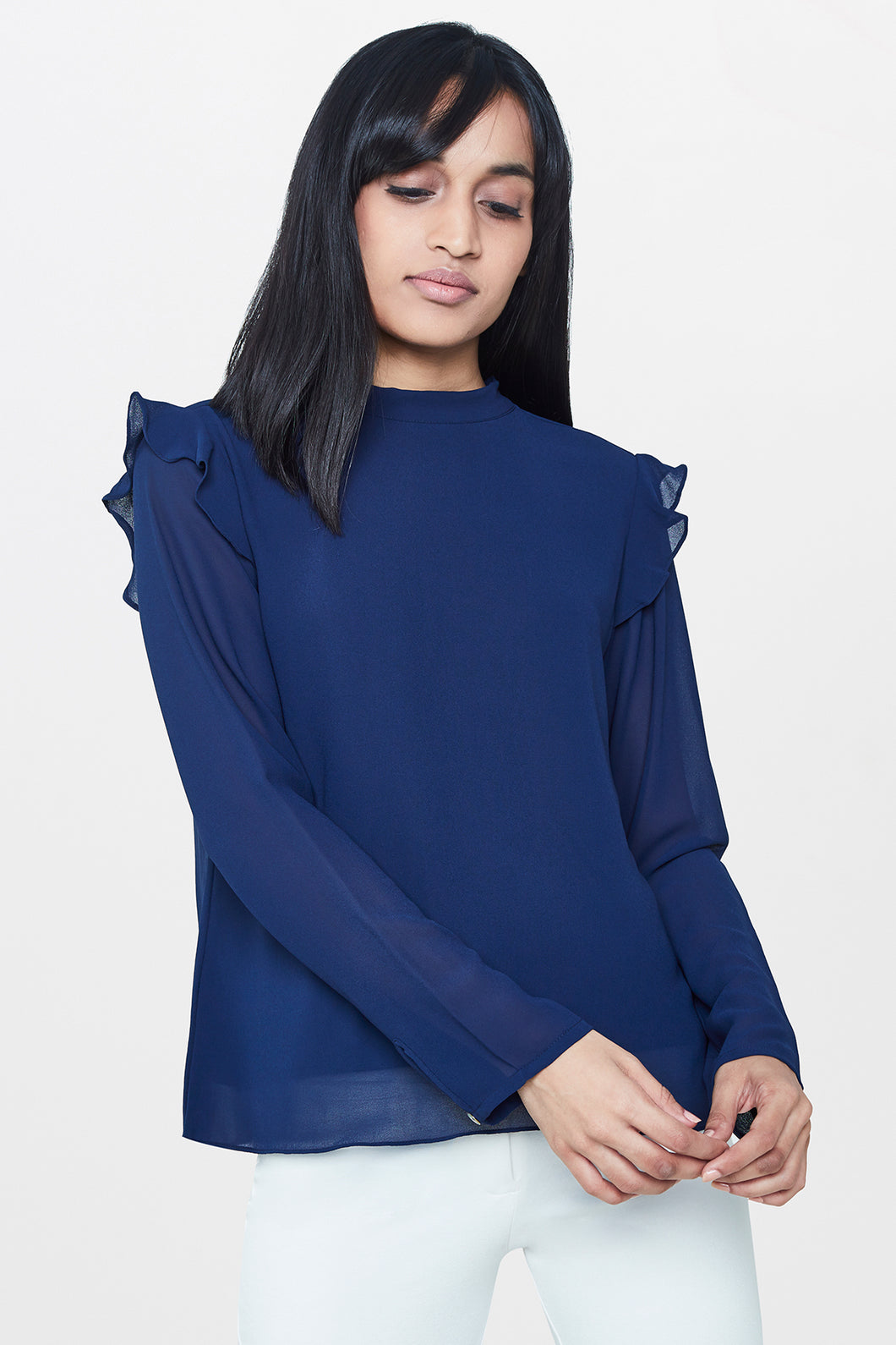 Navy Blue Ruffle Top