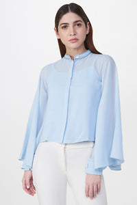 Blue Flutter Sleeves Shirt