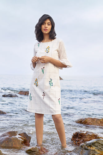 Off White Embroidered Shift Dress