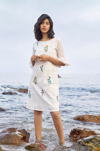 Off White Embroidered Shift Dress