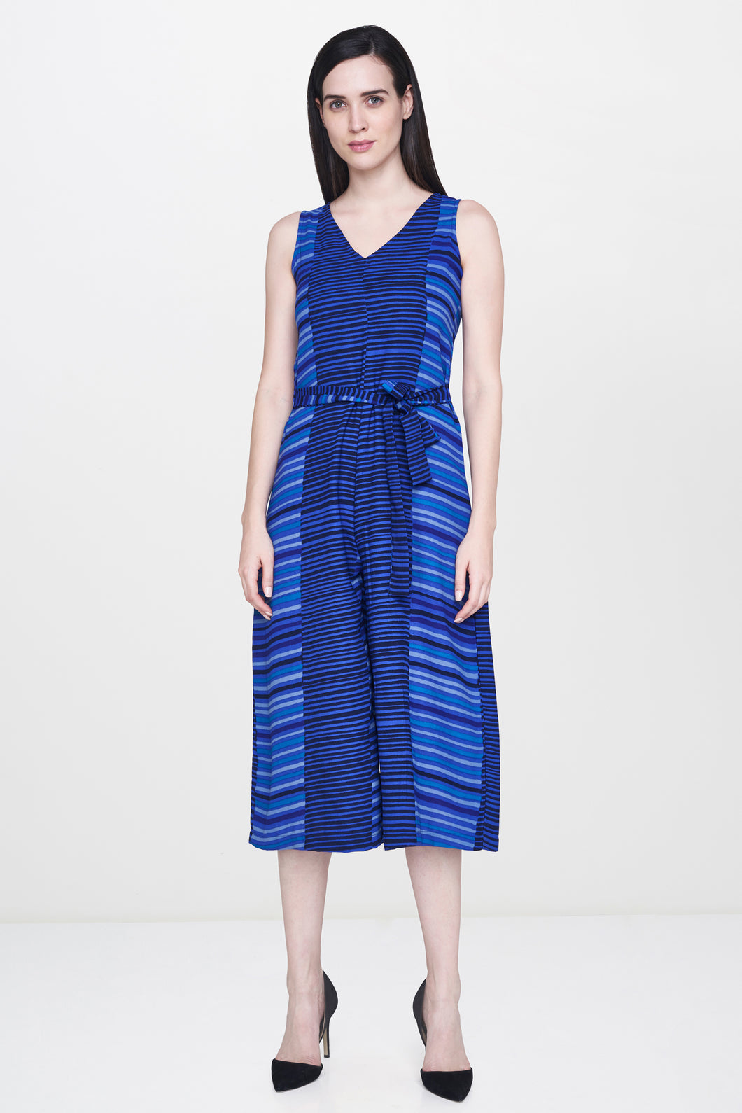 Blue Stripe Belted Jumpsuit