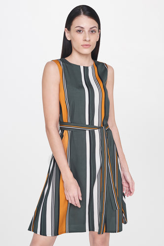 Olive Green Stripe Belted Dress