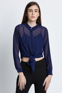 Navy Cropped Tie-Up Waist Top